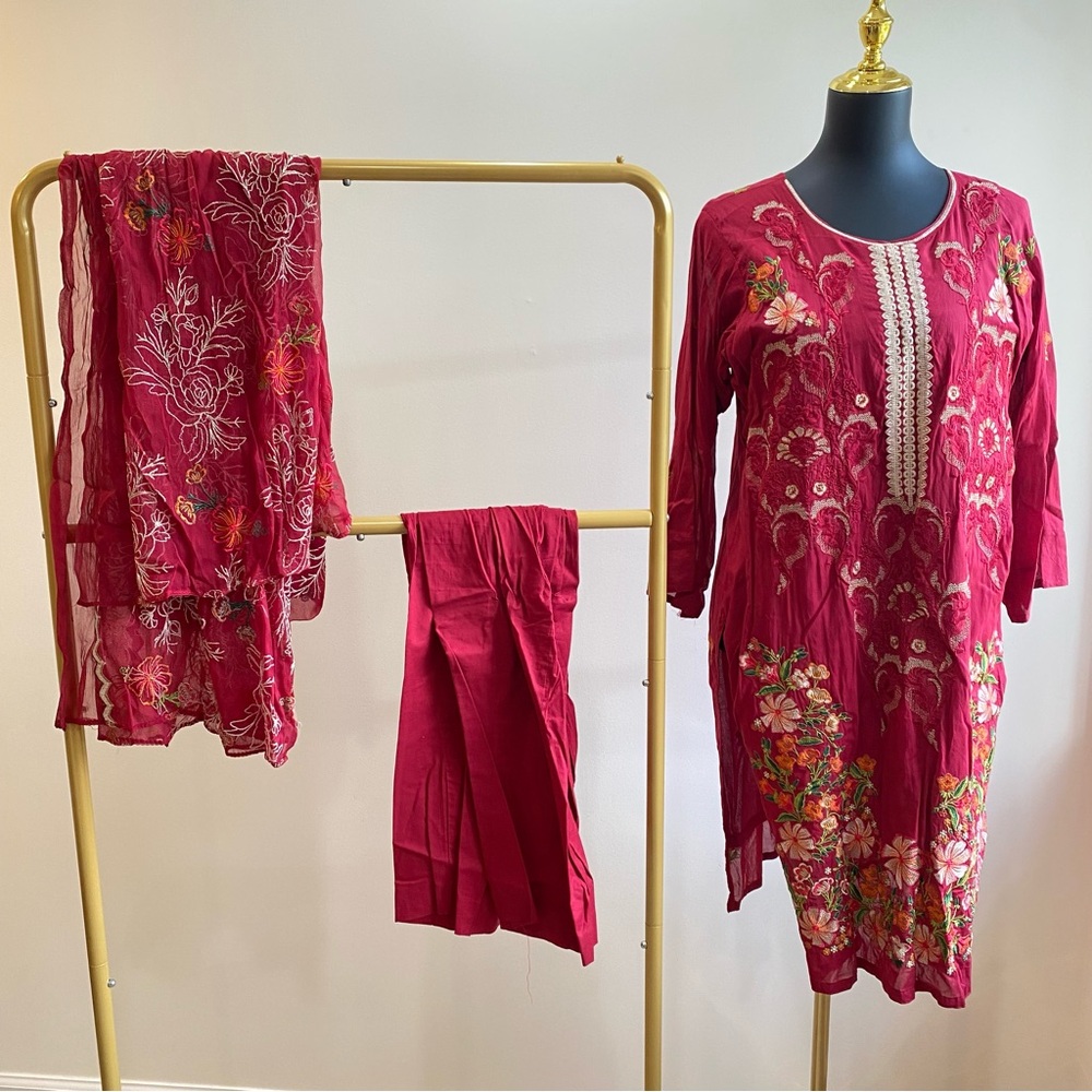 Floral Embroidered Red Kurta Set
